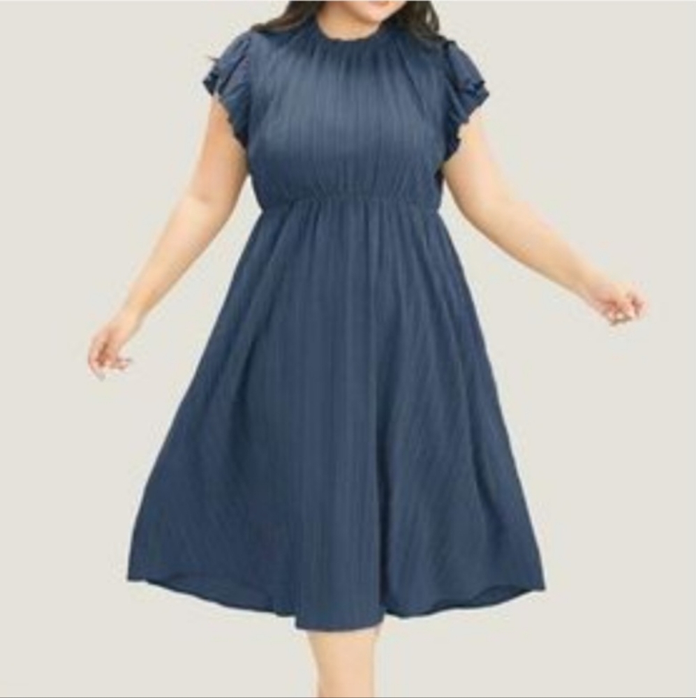BloomChic Plain Cap Sleeve Ruffles Trim Mock Neck Pocket Dress